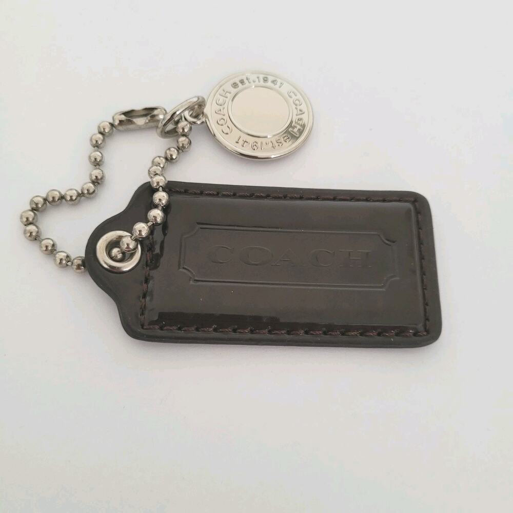 Coach Hang Tag Set Dark Brown Silver Leather Metal Bag Charm Keychain Medium 2"